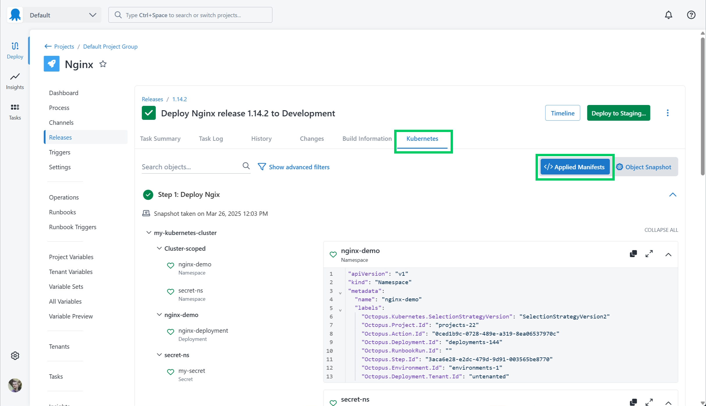 A screenshot of the Kubernetes Applied Manifests tab