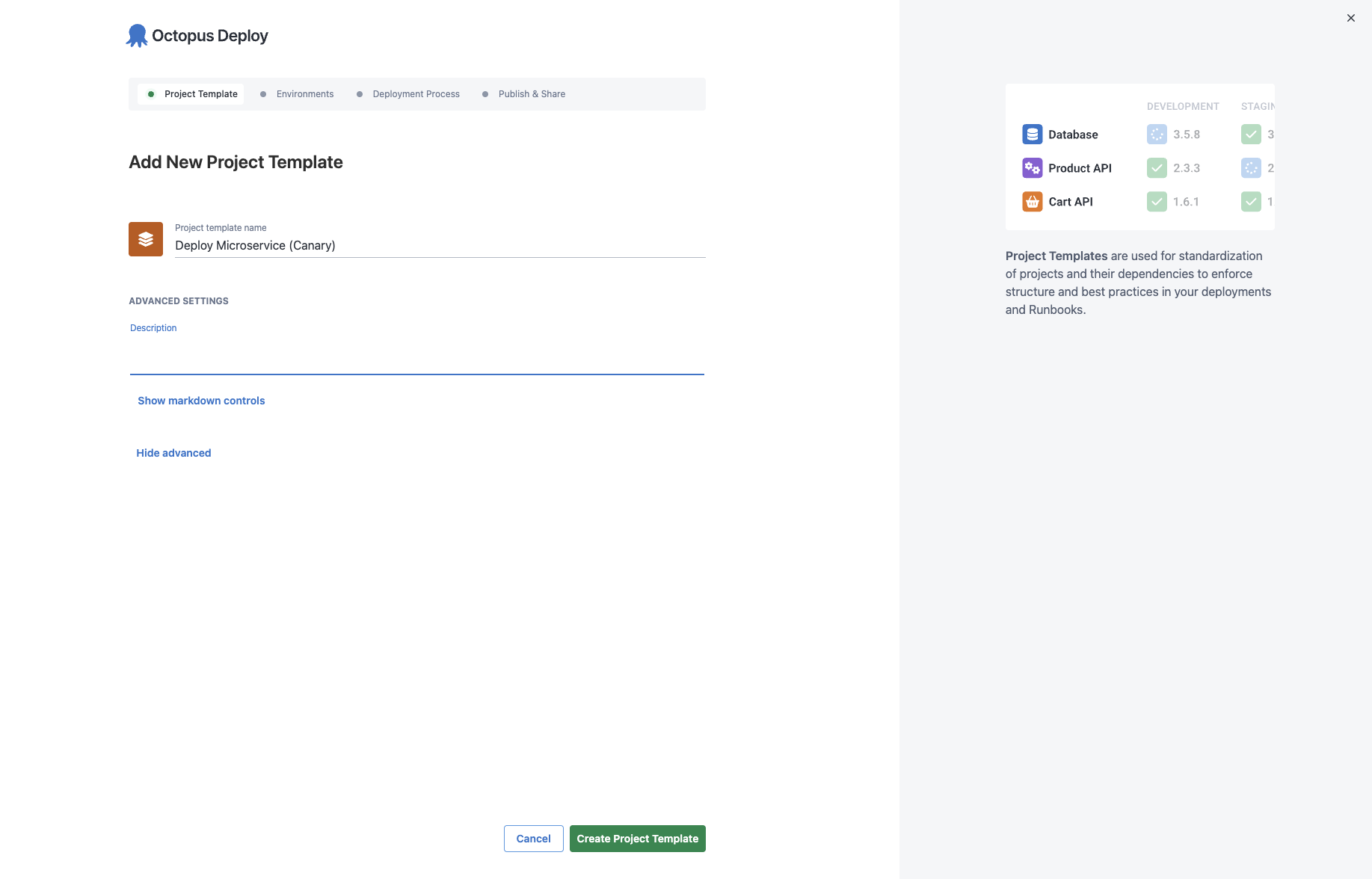 Creating a project template with a name and description