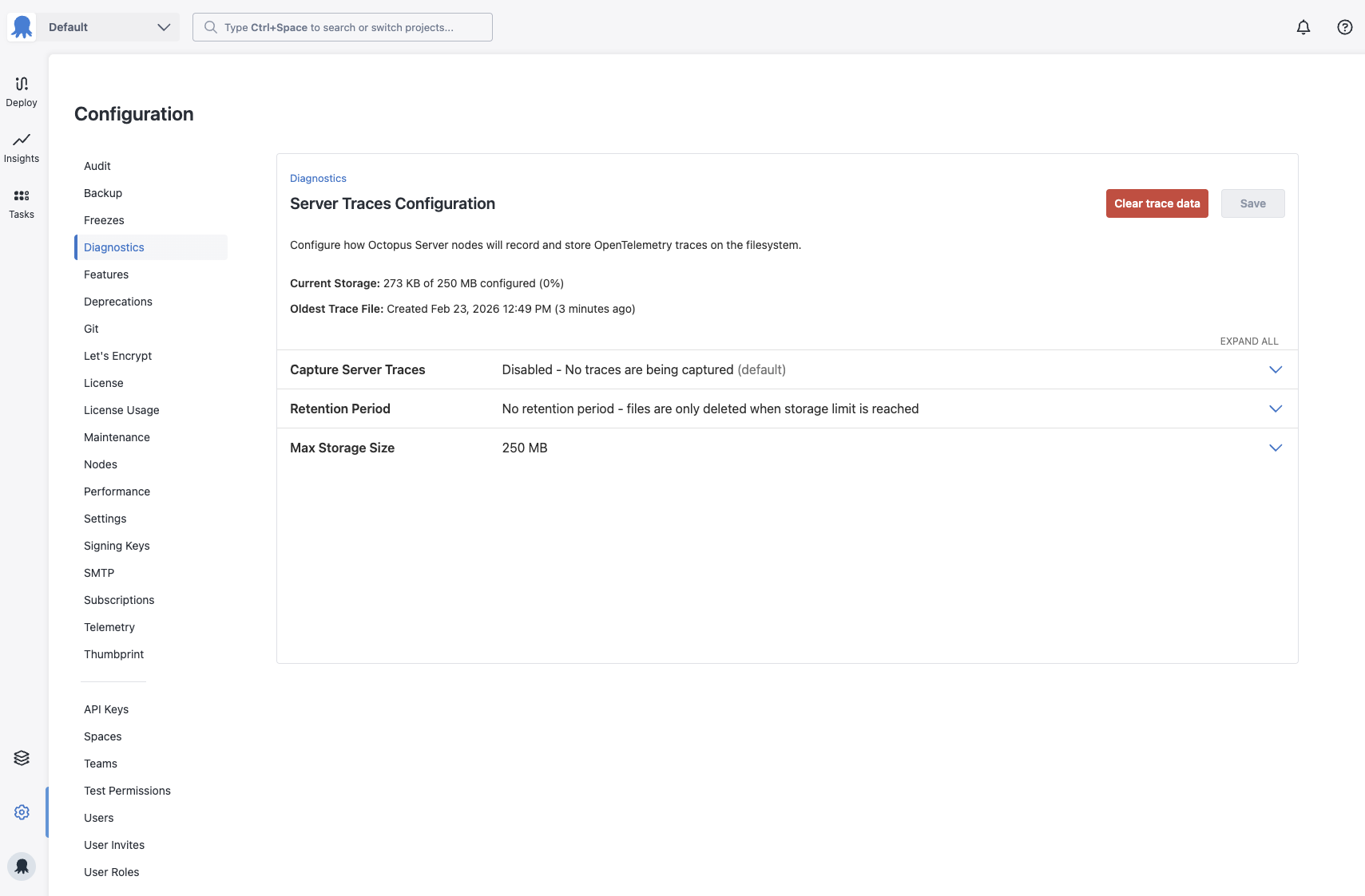 OpenTelemetry trace files configuration page